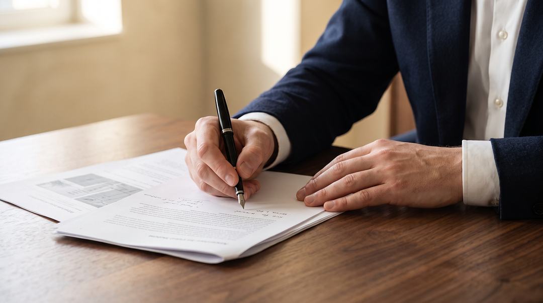 Mani di un consulente che annota un report con una penna stilografica