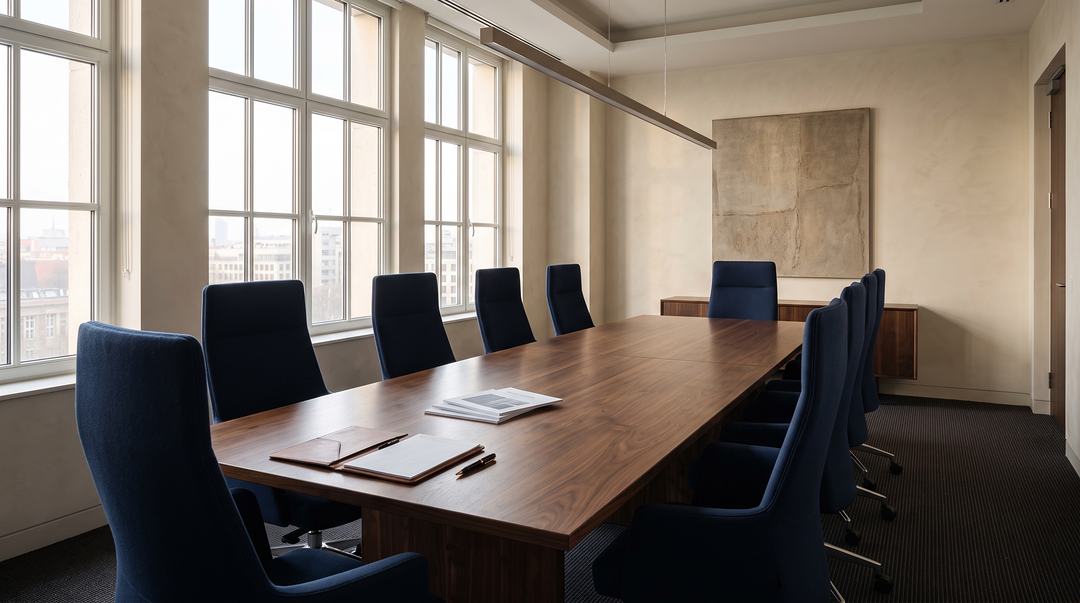 Sala riunioni con tavolo in noce e sedute blu notte, luce del mattino