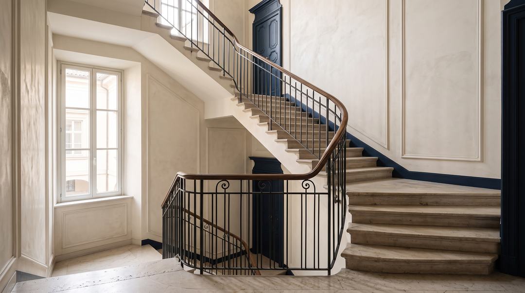 Scalone in pietra di un palazzo storico, con ringhiera in ferro e corrimano in legno